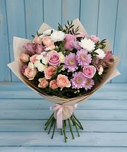 Букет цветов из:  Хризантемы, Розы и Альстромерии в Белогорске Кемеровской области