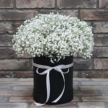 Цветочная композиция из Гипсофила в шляпной коробке в Белогорске Кемеровской области