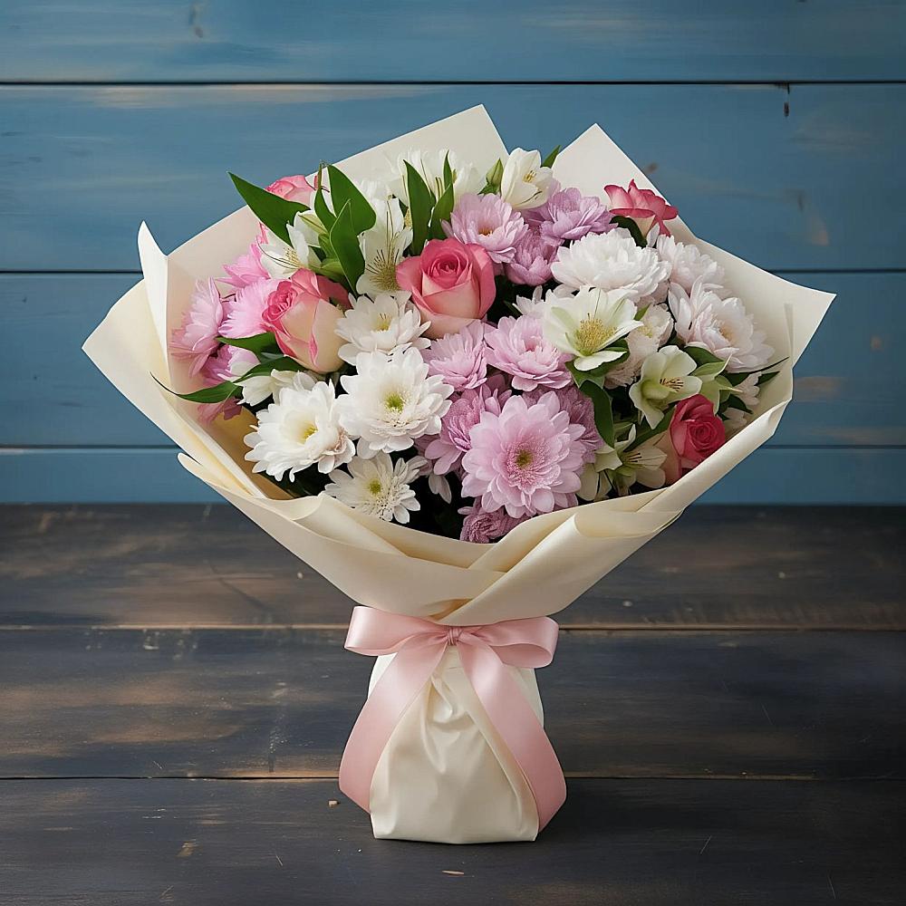 Букет цветов из: Хризантемы, Альстромерии и Розы в Белогорске Кемеровской области